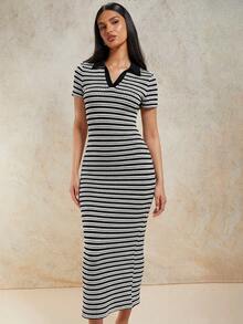 COSMINA Women's Striped Print Fitted Casual Short Sleeve Dress - Black and White - View 6