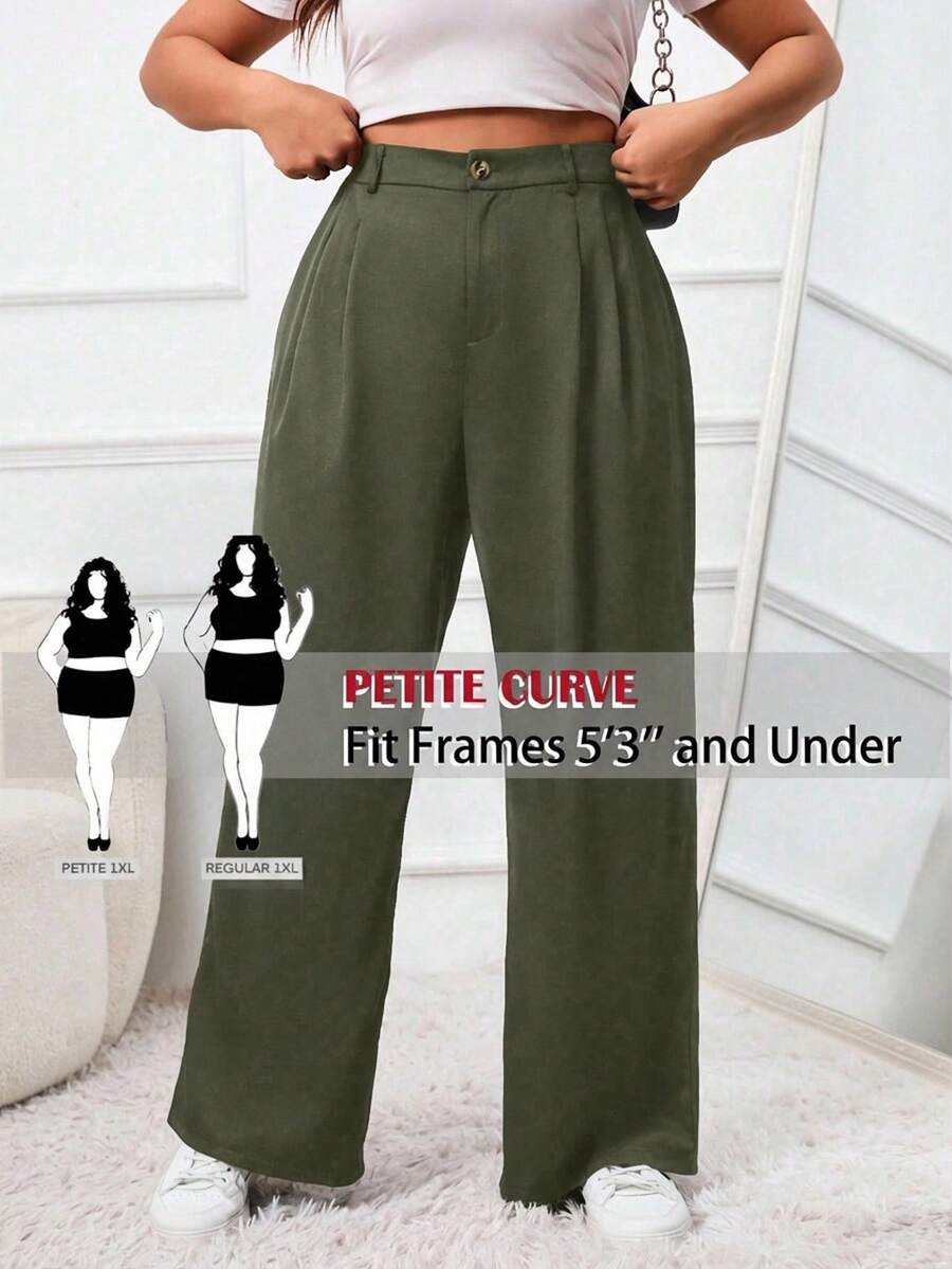 SHEIN PETITE CURVE 大码纯色前扣简约休闲西装裤,适合毕业季、返校季、教师装等场合,秋冬季日常通勤穿着皆宜。 - 軍綠色 - 查看 1