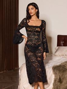 SHEIN 蕾丝长喇叭袖方领A字睡裙 - 黑色 - 查看 3