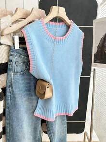Franclia 女士休闲宽松圆领无袖针织撞色滚边卡其色毛衣上衣，春秋季 - 水鴨藍 - 查看 4
