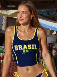 Swim Vcay 女士夏季沙滩休闲度假巴西字母印花泳衣上衣 - 藏蓝色 - 查看 4