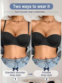 DesireSculpt 3pcs Women's Solid Color Simple Design Strapless Bra With Wire, Seamless Bra Set - Multicolor - View 7