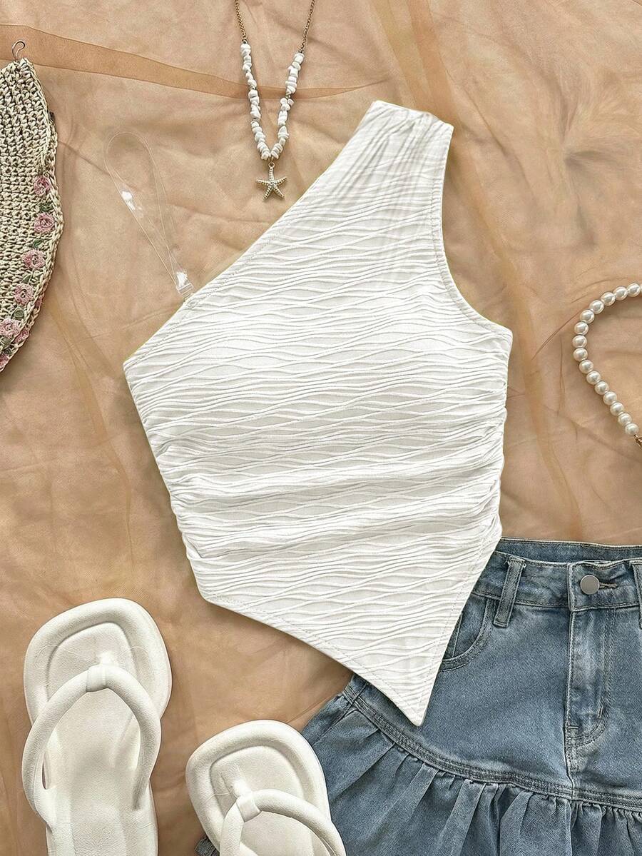 SHEIN Top corto de punto texturizado de un solo hombro con bajo asimétrico en unicolor melocotón claro para niña preadolescente - Blanco - Ver 1
