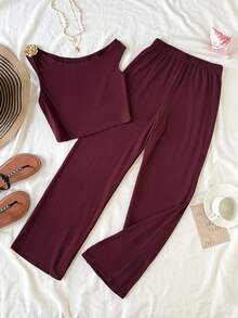 SHEIN Bộ áo thun và quần dài phối hợp họa tiết hoa hồng cho bé gái tuổi teen, màu trơn, màu đỏ tía, đỏ Angola. - Màu Đỏ Sâu - Xem 2