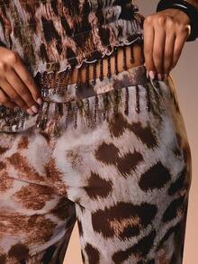 MISSGUIDED 豹纹阔腿裤，饰有串珠滚边，高腰设计，飘逸的波西米亚风格 - 彩色 - 查看 4