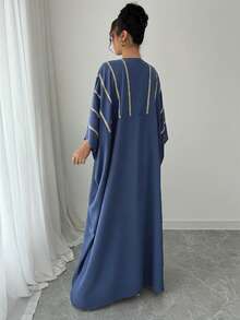 Rafferiza Womens Lake Blue Modest Long Dress With Flared Hem, Batwing Sleeve V Neck And Striped Tape Details, Woven Maxi Gown - Lake Blue - View 2