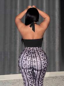 Slaydiva Bodysuit Rajut Hitam Kasual Tanpa Lengan Model Halter Neck Ukuran Plus dengan Detail Lipatan - Hitam - View 3
