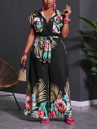 Slaydiva Plus Size Women Tropical Plant Print Sleeveless Shirt Collar Half Open Front Elastic Waist Belted Wide Leg Jumpsuit, Suitable For Vacation, Casual, Beach, Bonfire Party, Sunbathing, Hotel Resort, Cruise, Commute, Daily Wear