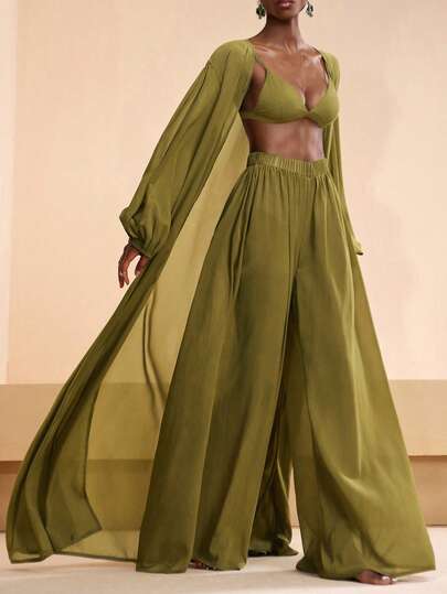  Zivah Latest 2026 Resort And Beachwear Set: An Elegant Yellow-Green Kimono-Style Long Cardigan And Wide-Leg Pants.