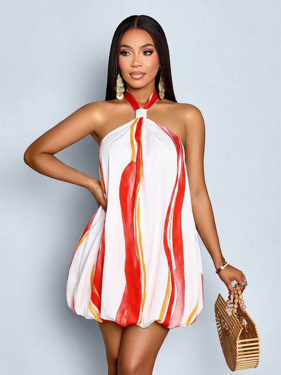 SOLERSUN Sexy And Elegant Commuter Casual Women's Bubble Hem Style Mini Dress Spring/Summer Women's Clothing Beach Vacation - Red and White - View 1