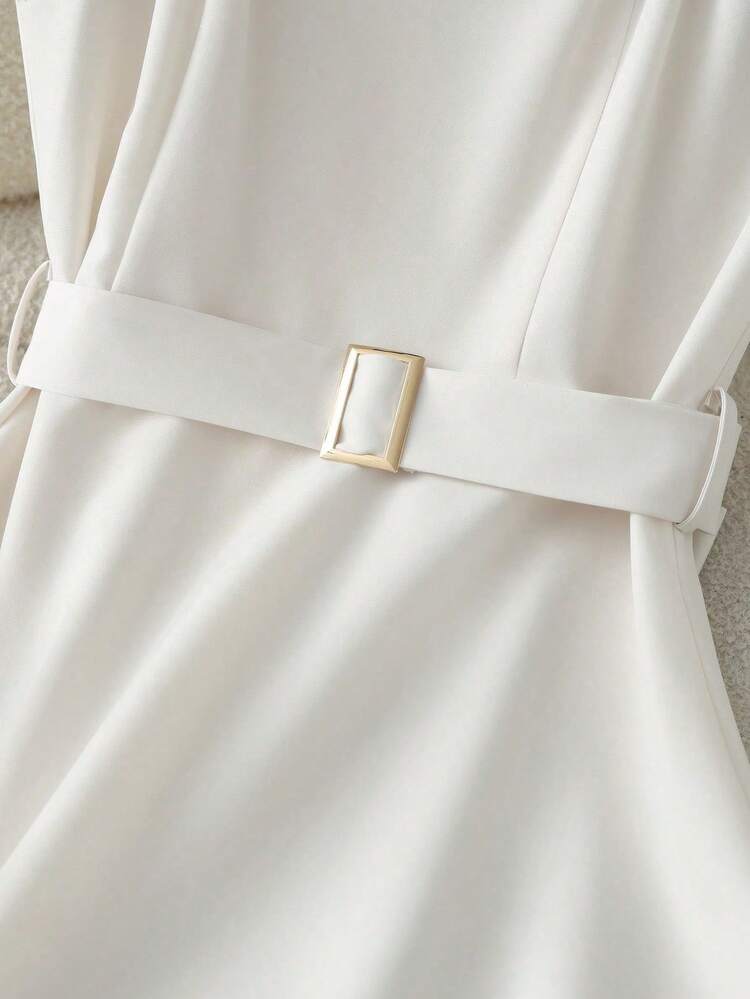 Franclia Abito casual minimalista con scollo quadrato, senza maniche, con bordo nero in vita e gonna a campana, beige, primavera/estate - Beige - Visualizzare 3