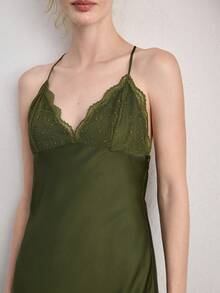 Ocili Comfortable Bohemian Satin Lace V-Neck Spaghetti Strap Maxi Dress, Women Sleepwear - Green - View 1