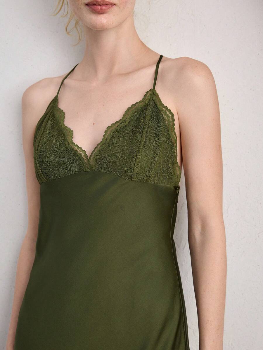 Ocili Comfortable Bohemian Satin Lace V-Neck Spaghetti Strap Maxi Dress, Women Sleepwear - Green - View 1