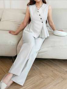 SHEIN 少女V领褶裥下摆吊带背心和休闲裤套装，灰色和杏色 - 杏色 - 查看 3