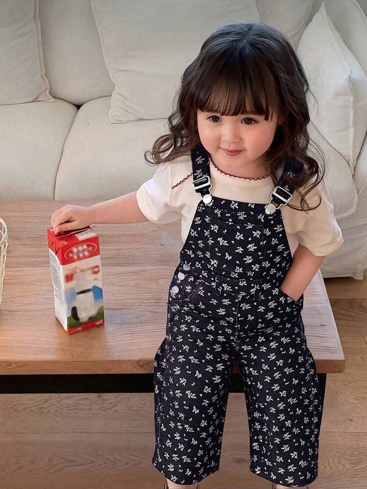 Baby Girl Floral All-Over Print Casual Bib Overalls Jeans