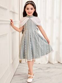 SHEIN Young Girl Woven Contrast Color Collar Mesh Patchwork Casual Dress Party Dress For Young Girls In Autumn And Winter Kids Jacquard Dresses Dusty Blue Dress For Girls - Green - View 2