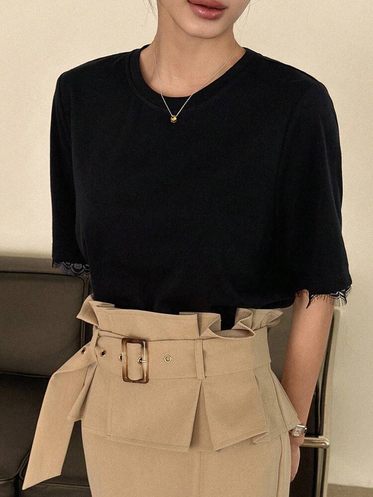 Women's Crew Neck Lace Splice Cuff Loose Pullover Casual Elegant T-Shirt