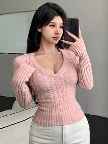 DAZY Women's V-Neck Cable Knit Fitted Short Pullover Sweater,Long Sleeve Tops Fall - Pink - View 6