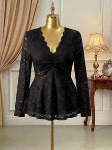 Rometta 1pc Women Plus Size Solid Color V-Neck Ruffle Hem Long Sleeve Blouse Fall Cloth For Women - Black - View 4