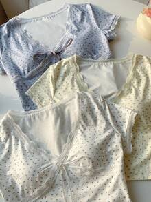 Comfortcana 女士碎花蕾丝边系带短袖T恤 - 彩色 - 查看 5