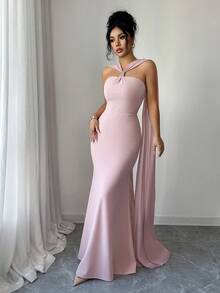 SHEIN Elenzya 优雅浪漫的镶钻搭扣装饰露背修身鱼尾连衣裙，适合派对、约会、鸡尾酒会、音乐会等场合。 - 粉色 - 查看 7