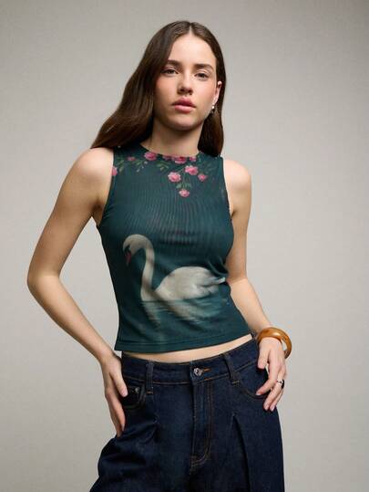 Nöista 修身印花上衣。圆领无袖网纱上衣，饰有天鹅印花。适合节日度假、春季和春夏穿着。