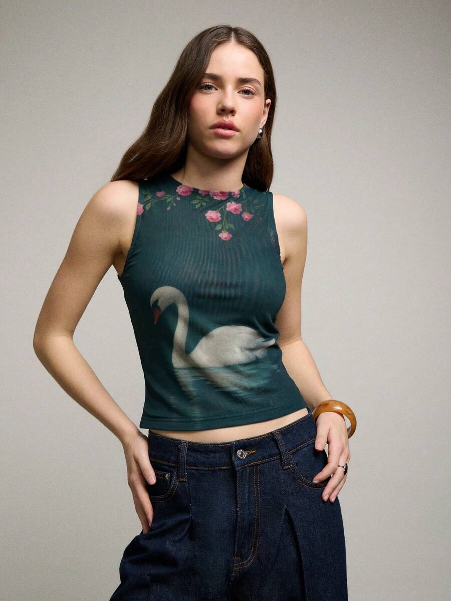 Nöista Áo kiểu ôm sát in họa tiết. Áo lưới không tay cổ tròn in hình thiên nga. Thích hợp cho các dịp lễ hội, nghỉ dưỡng, mùa xuân và hè. - Màu xanh lá cây đậm - Xem 1