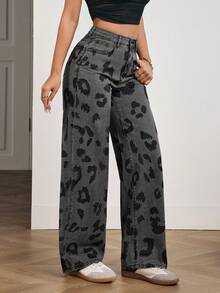 SHEIN PETITE Quần jeans ống rộng nữ có túi và cúc, kiểu dáng thường ngày, đa năng. - Màu xanh lam - Xem 4