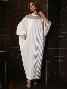 Al Najma Đầm cổ đứng thanh lịch đính cườm, vạt cánh dơi, thích hợp cho mùa xuân/hè. - trắng - Xem 7