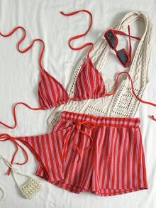 Swim Vcay 3pcs/Set Bohemian Style Crochet Fabric Drawstring Swimwear Cover Up Bikini Set - Rose Red - View 1