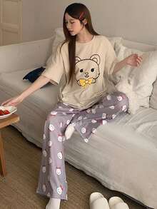 DAZY 2pcs/Set Cute Bear Print Short Sleeve T-Shirt And Pants Women Summer Pajama Set - Beige - View 7