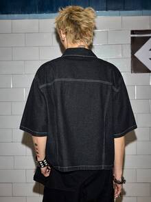 ROMWE MEN Street Life Men's Oblique Placket Airplane Buckle Denim Jacket - Blue - View 3