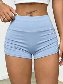 SHEIN EZwear Quần short thể thao/yoga xếp ly cỡ lớn, màu trơn, quần short màu xanh nhạt đa năng cho mùa xuân/hè, quần short cạp cao dành cho nữ. - Màu xanh nhạt - Xem 3
