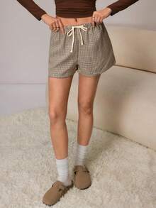 HautHeat Women's Waist Tie Plaid Loose Pajama Shorts - Khaki - View 6