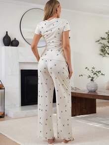 SHEIN 两件套孕妇休闲蝴蝶结T恤和裤子套装 - 杏色 - 查看 2