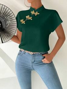 Chiquease Women's Chinese Button Short Sleeve Blouse For New Year Clothes - Dark Green - View 6