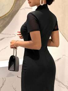 Slaydiva 夏季新品：生日派对、返校季、学院风、学生装、休闲外出、百搭基础款、休闲、度假、邮轮旅行、海滩、海边、日光浴、街头风、性感优雅、露胸无袖连衣裙、交叉式收腰、网纱袖、中式旗袍风格 - 黑色 - 查看 3