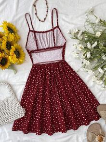 SHEIN 少女红色波点印花露背吊带A字迷你连衣裙，适合春夏、秋冬叠穿、派对、海滩度假 - 紅色 - 查看 2