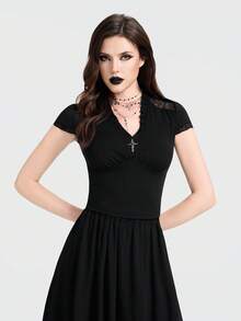 Breakform Women's Gothic Elegant Velvet Contrast Lace Frill V-Neck Metal Cross Decor Cap Sleeve Cuff Fitted Crop Top Black Summer Goth Club Night Out - Black - View 5