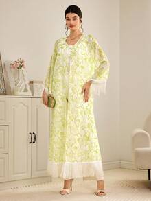 Al Najma Women's Elegant All-Over Print V-Neck Tassel Arabic Abaya Robe - Yellow - View 5