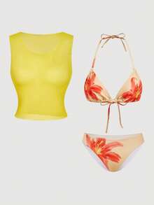 SHEIN MOD 女士挂脖系带印花比基尼泳衣套装，夏季 - 彩色 - 查看 6