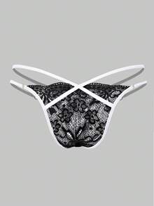 1pc Men's Black Sexy Lace Bowknot Ribbon Thong Underwear - Black - View 2