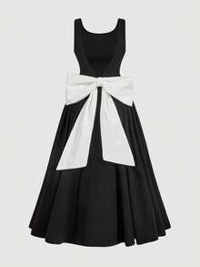 SHEIN MOD Đầm midi dáng chữ A hở lưng thắt nơ màu đen dành cho nữ cỡ lớn, thích hợp cho đám cưới, hẹn hò, ngày Valentine. - Đen và trắng - Xem 5