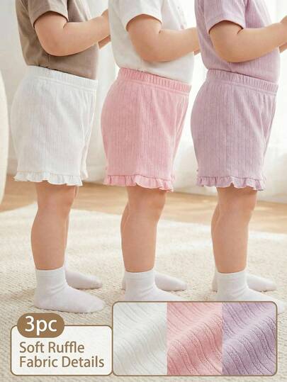 Souflis Souflis 3pcs/Set Infant/Toddler Girls' Casual Loose Comfortable Shorts Set, Soft Breathable Floral Hollow-Out Knit Fabric, Elastic Waist With Ruffle Trim, Pink & White Solid Colors, Multi-Color Options, High Cost-Effective, Suitable For Spring/Summer Home/Outing/Vacation