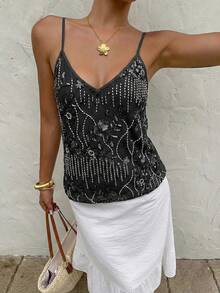Serisse 女士亮片装饰细肩带优雅吊带背心 - 黑色 - 查看 4
