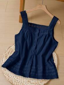 Rusticease Women's Solid Color Contrast Lace Single-Breasted Square Collar Sleeveless Blouse - Navy Blue - View 2