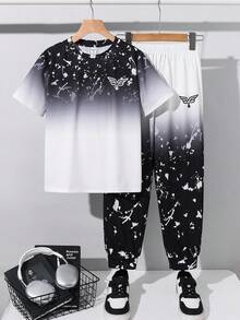 SHEIN 2 Peças Conjunto de Camiseta de Manga Curta com Gola Careca e Calça Esportiva Casual para Meninos Adolescentes, Estampa Gradiente de Letras, Adequado para Primavera, Verão, Outono, Brincadeiras ao Ar Livre, Escola, Estilo de Rua, Festa e Lazer, Alto Custo-Benefício - Preto e Branco - Visão 3
