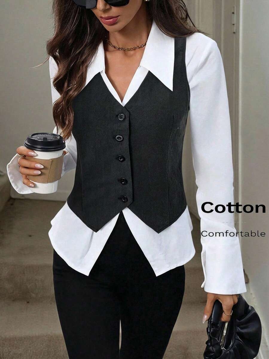 Easowa 这款女士乡村音乐节复古风纯棉黑色衬衫，适合夏季商务休闲场合，也适合西部风格女性穿着。 - 黑色 - 查看 1