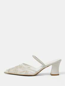 CUCCOO HITCHD Zapatos de mujer para primavera y verano con decoración de perlas, tacón grueso puntiagudo, de malla y unicolor. Zapatos de tacón alto para uso diario, citas, viajes y fiestas - B blanca - Ver 2