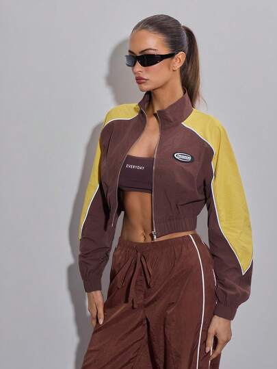 SHEIN ICON Retro Casual Motorcycle Jacket, Contrast Color Short Zip-Up Versatile Bomber